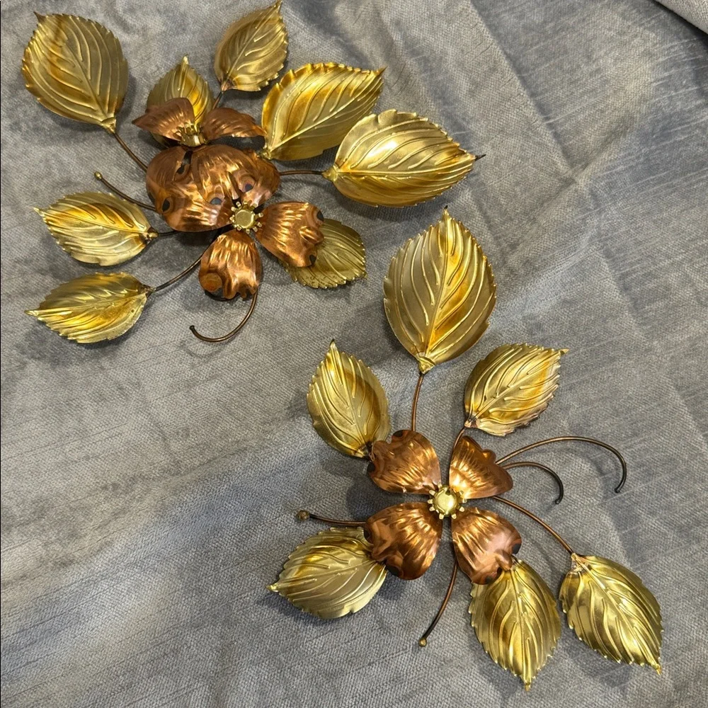 4/ Vintage Metal Flower Wall Art | Mid Century Modern Gold & Copper  / set 4